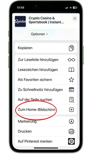 Schaltfläche „Zum Home Bildschirm“ RainBet