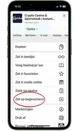 Knop 'Zet op beginscherm' Rainbet